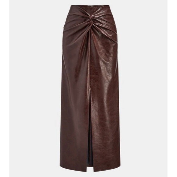 Commense Dresses & Skirts - Commense Dark Brown Faux Leather Maxi Skirt with Front Knot